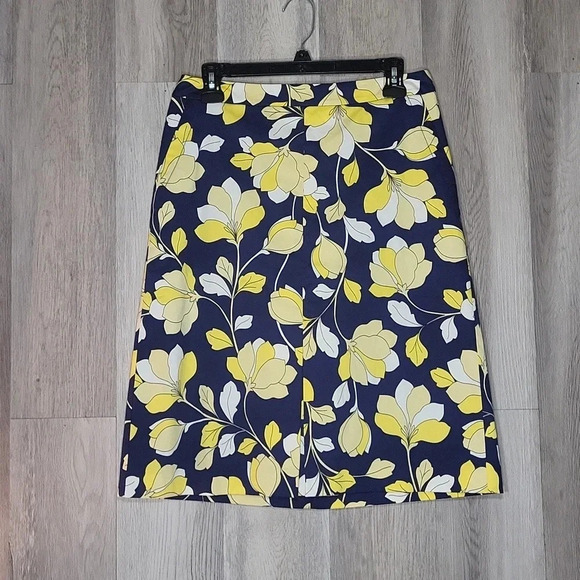 🛍Talbots Womens 4‎ Navy Yellow Floral A Line Side Zip Lined Skirt Cotton Spring - Picture 1 of 5